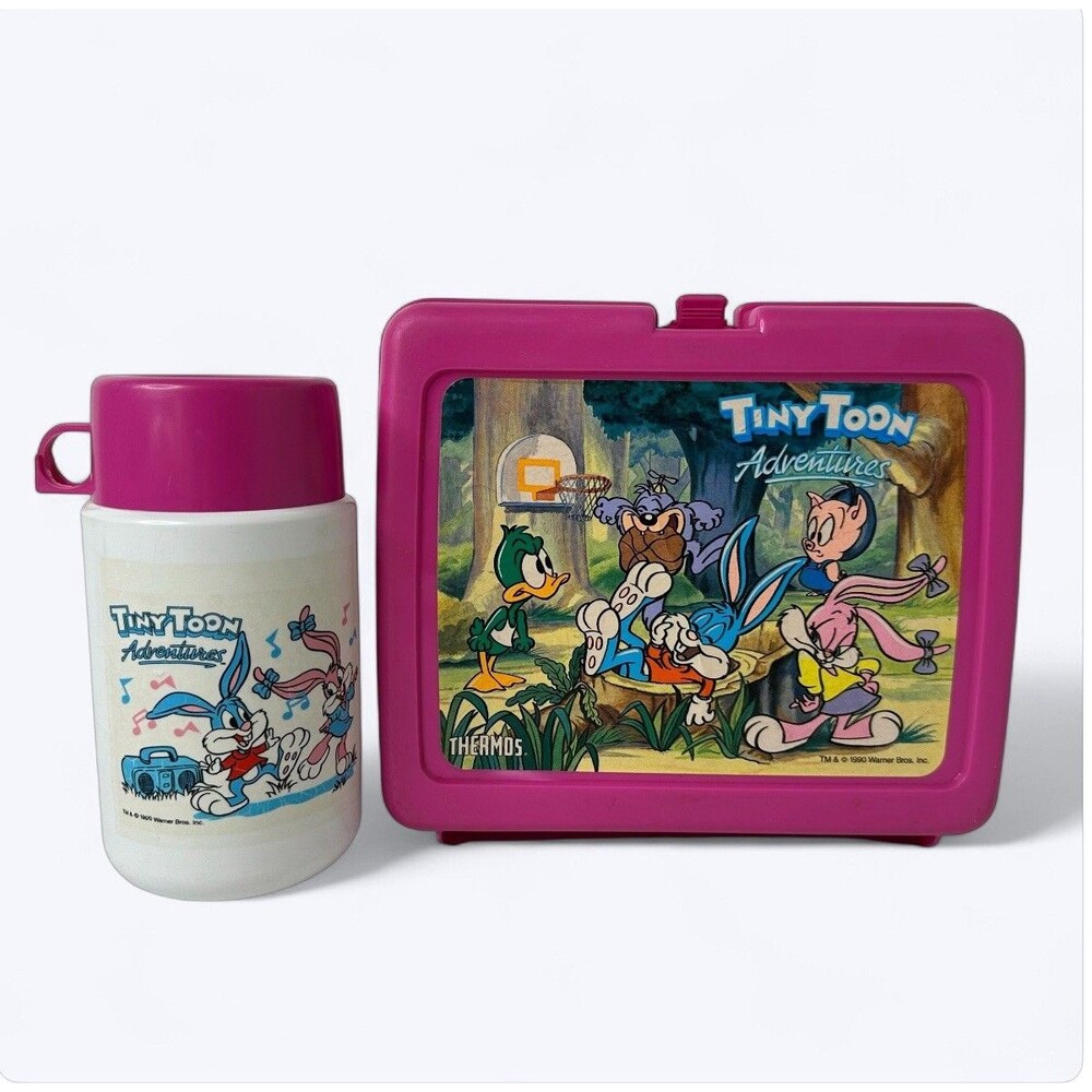 Vintage Tiny Toon Adventures Pink Plastic Lunch Box with Thermos 1990 Bugs Babs
